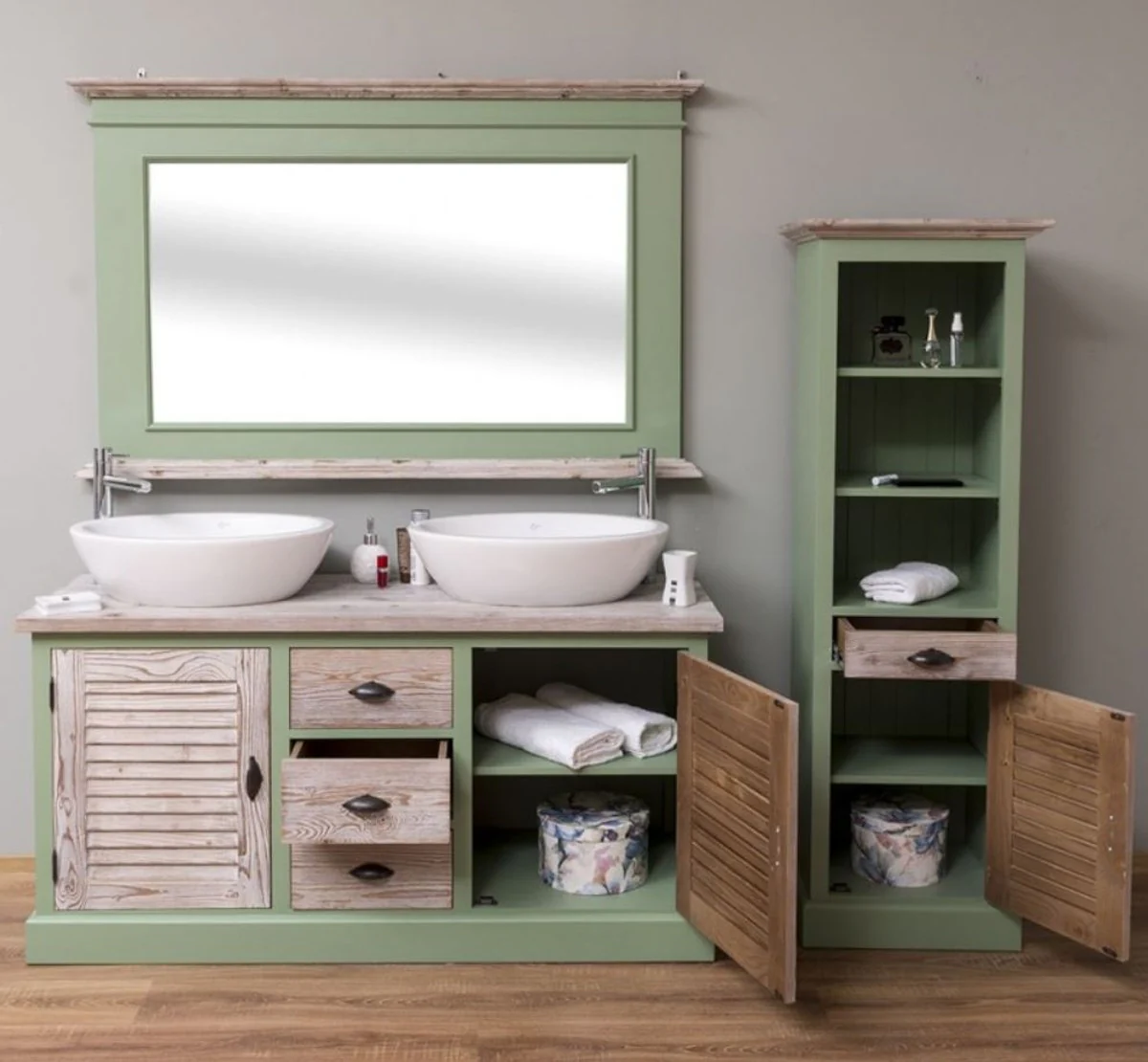 Country house style bathroom set green / natural colors - 1 double washbasin & 1 wall mirror & 1 shelf cabinet - solid wood bathroom furniture in country house style