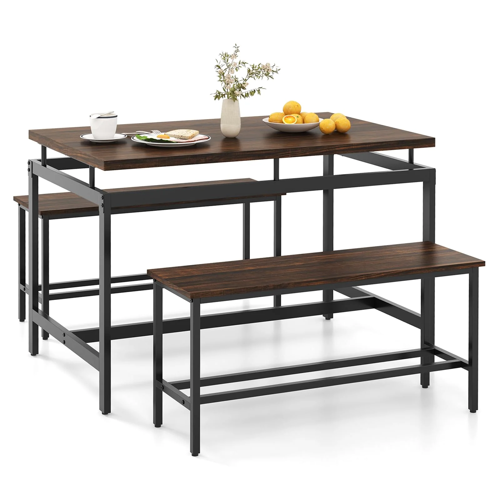 BEFOUNDLOVELY Dining Table Set for 4 with 2 Benches, Metal Frame