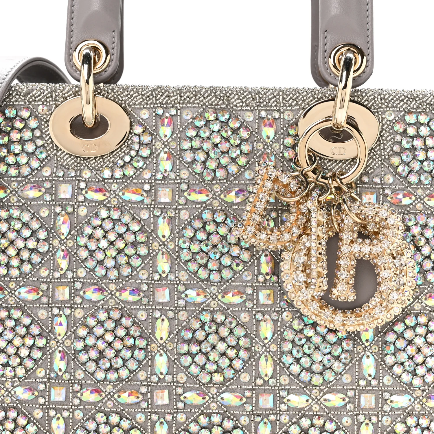 Calfskin Satin Celestial Bead Embroidery Embroidered Small Lady Dior Grey Multicolor - Top Club