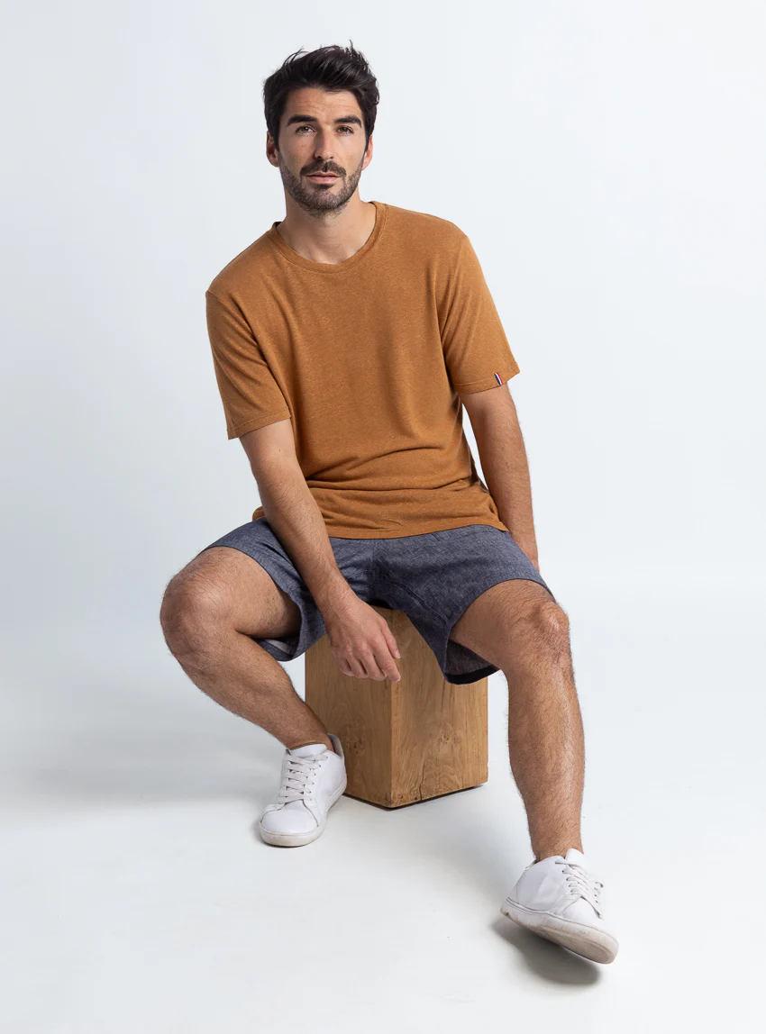 Tee-shirt homme en lin marron camel