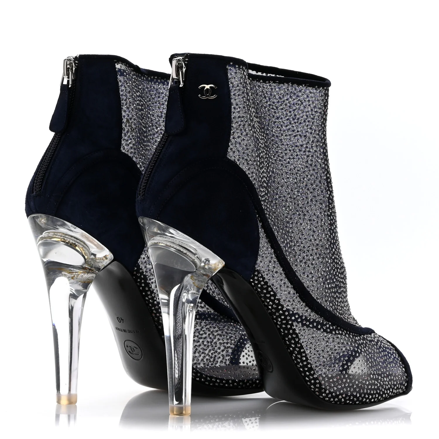 Mesh Crystal Open Toe Ankle Boots 40 Navy - Top Club