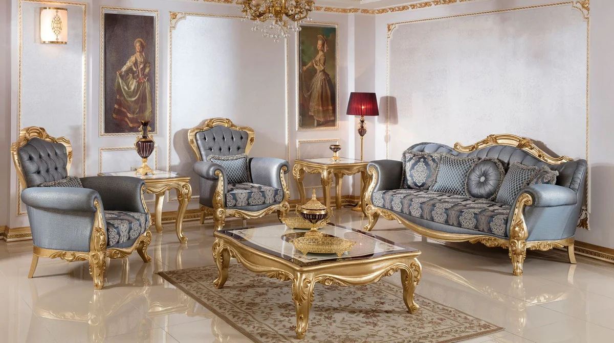 Luxury Baroque Living Room Set Blue / Gold - 2 Baroque Sofas & 2 Baroque Armchairs & 1 Baroque Coffee Table - Luxury Living Room Furniture in Baroque Style - Baroque Furniture - Baroque Furnishings