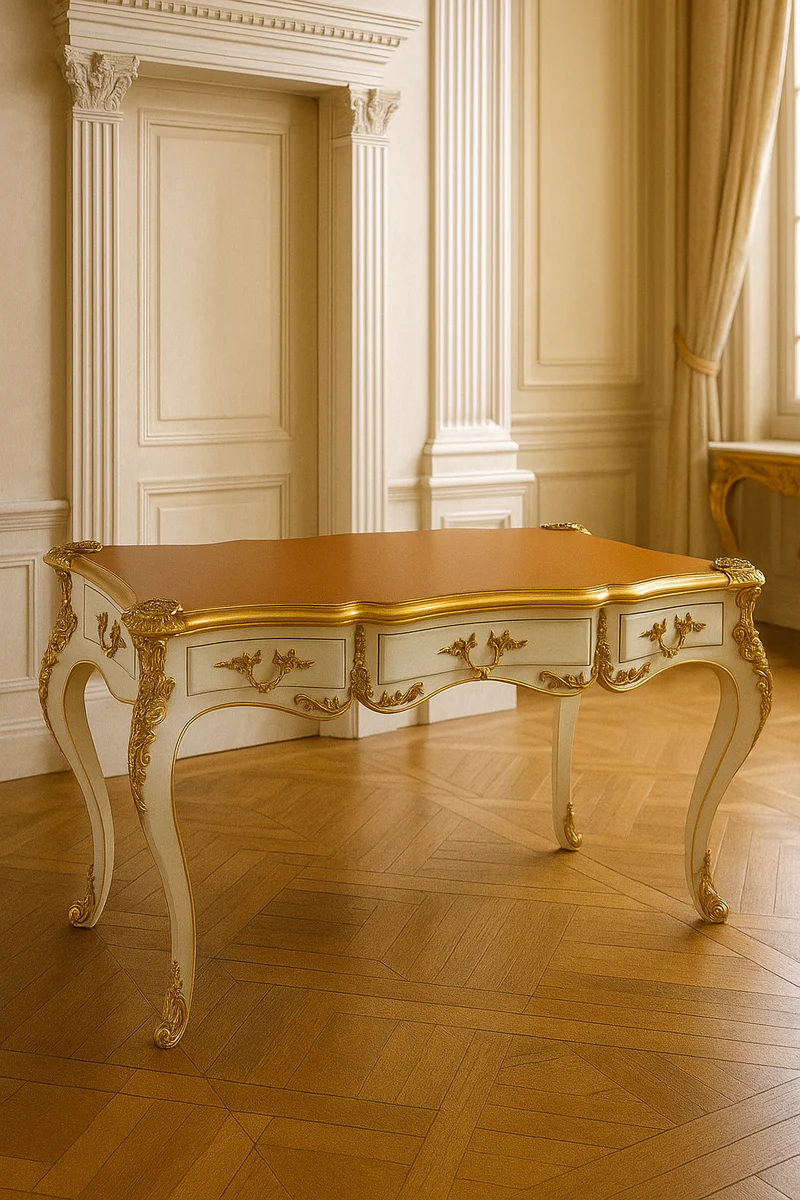 Baroque secretary with 3 drawers white / gold / brown - baroque office furniture