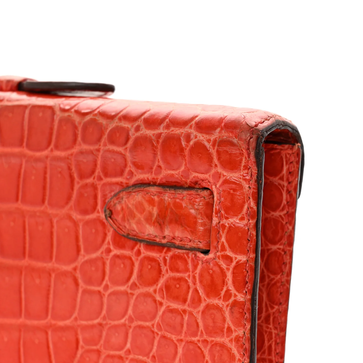 Shiny Porosus Crocodile Kelly Cut Pochette Orange Poppy - Top Club