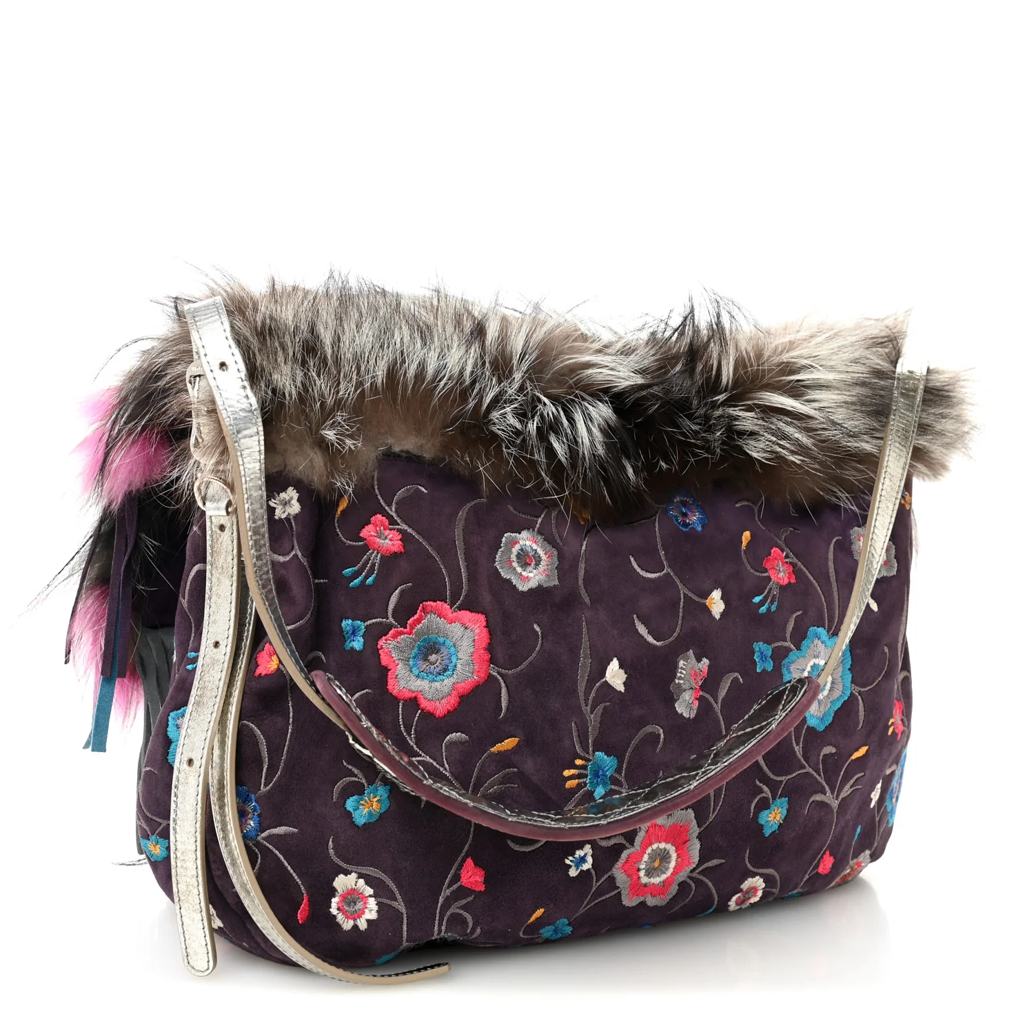 Fox Fur Suede Floral Embroidered Biker Shoulder Bag - Top Club