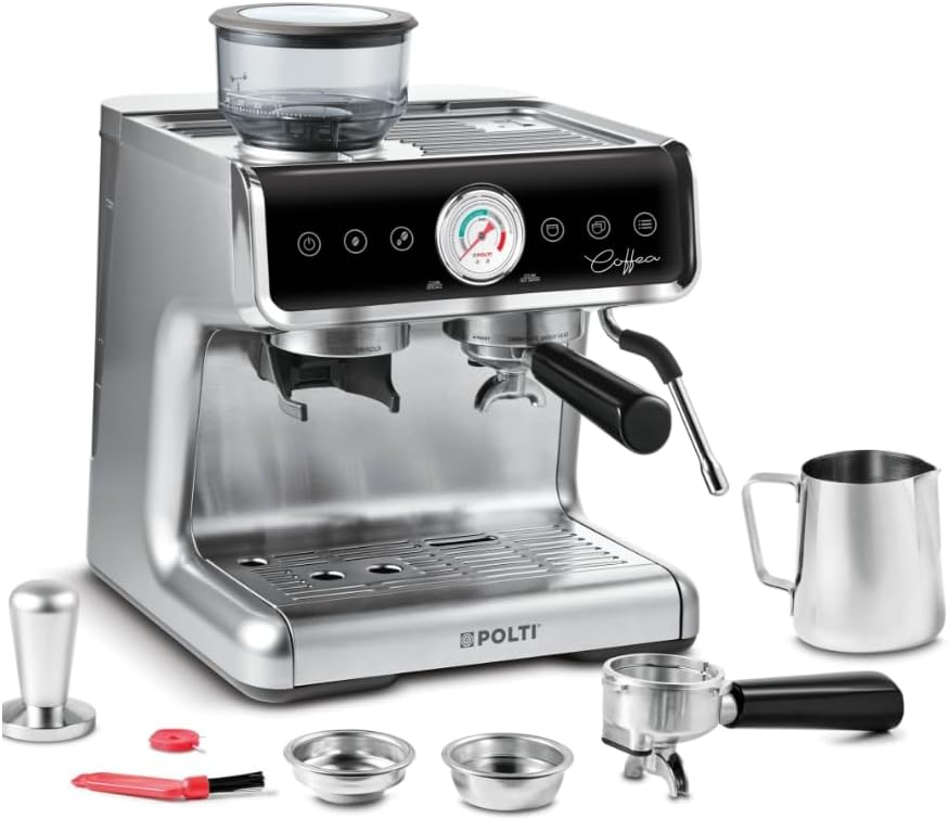 Polti Coffea G50S, Macchina da Caffè con Macina Grani Integrato, per Espresso e Cappuccino, 30 Livelli di Macinatura, Steamymilk Professionale per Montare il Latte, Argento