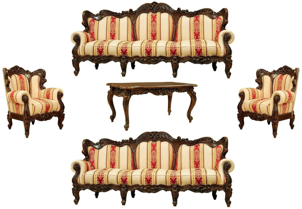 Luxury Baroque Living Room Set Cream / Yellow / Red / Dark Brown - 2 Baroque Sofas & 2 Baroque Armchairs & 1 Baroque Coffee Table - Living Room Furniture in Baroque Style - Noble & Magnificent