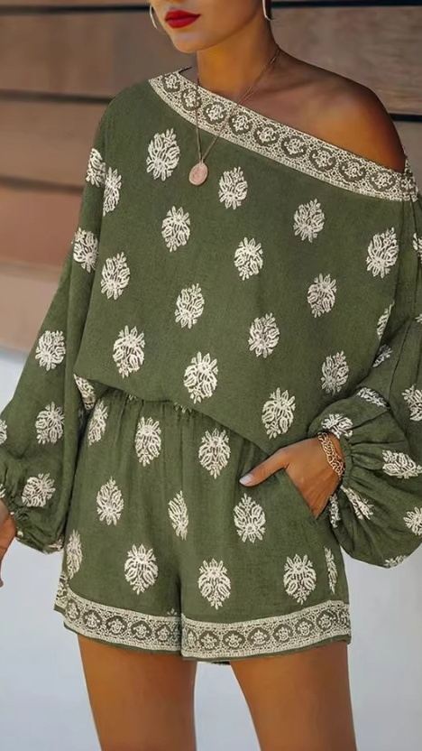 Women's Off-Shoulder Bardot Neckline Printed Jumpsuit with Lantern Sleeves - Nordfashionstorm - Women's Clothing, Fashion for You - Nordfashionstorm.com
