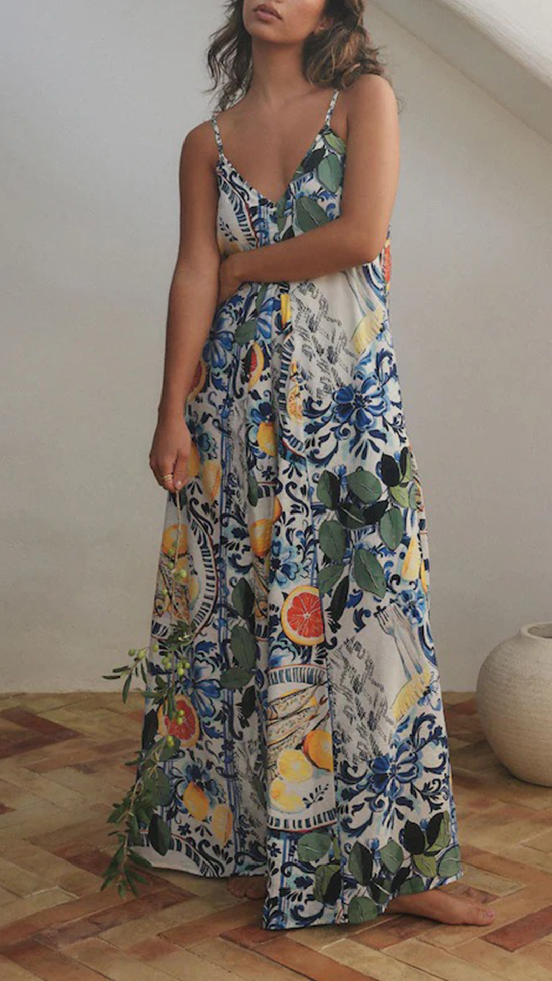 Women's Sicilian Print Cami Cotton-Blend Loose Maxi Dress - Nordfashionstorm - Women's Clothing, Fashion for You - Nordfashionstorm.com