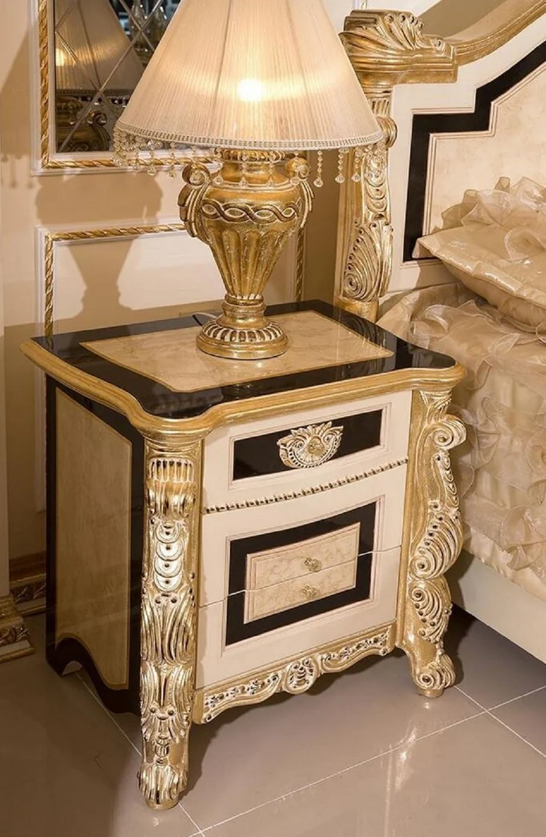 Luxury Baroque bedroom set white / beige / black / gold - 1 Baroque double bed with headboard & 2 Baroque nightstands - Luxury bedroom furniture in Baroque style - Baroque interior