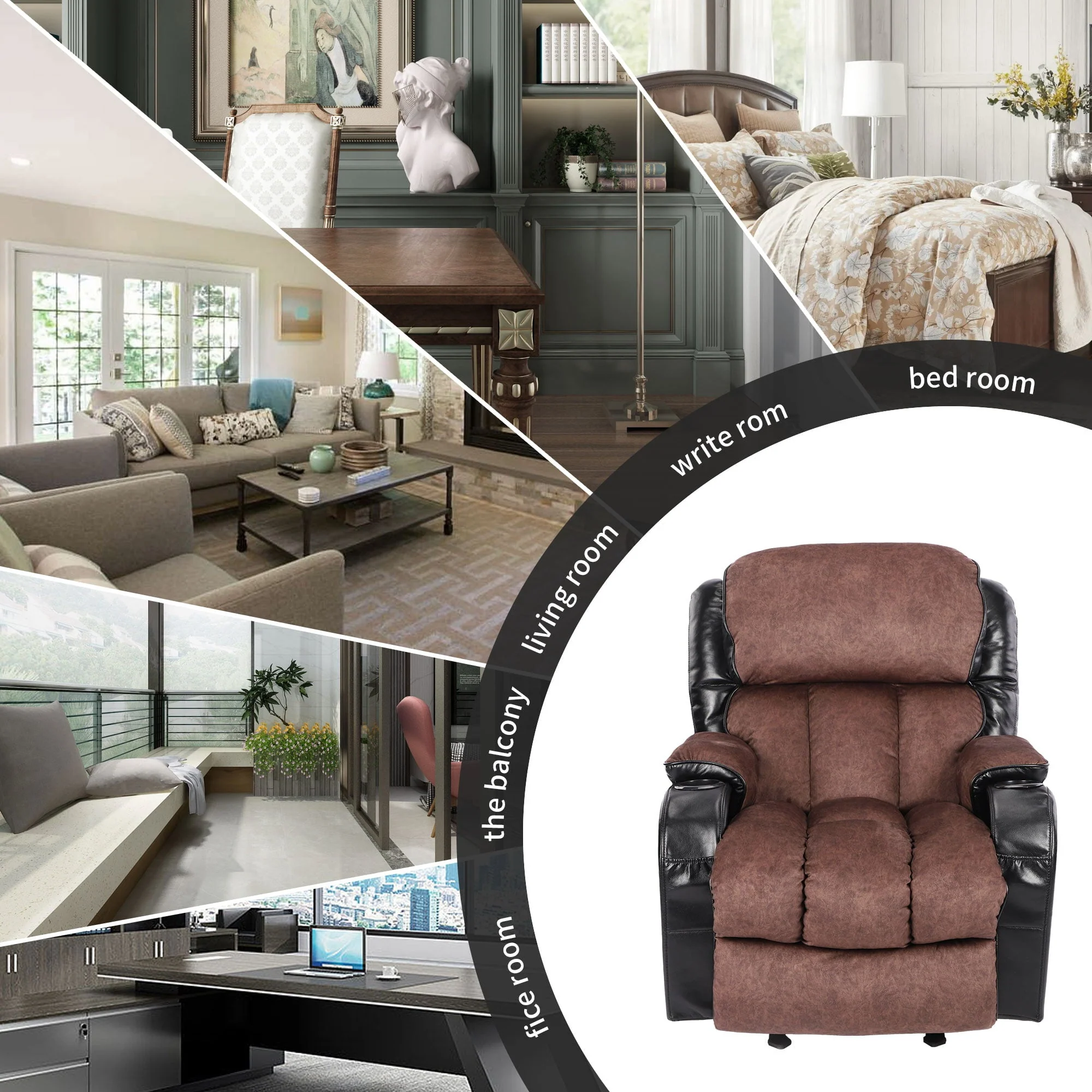 Leather Massage Recliner Chair, Modern Electric Power Rocker with Heated Massage, Ergonomic Lounge Chair, SEGMART Single Sofa Seat with Drink Holders for Living Room, Black and Brown