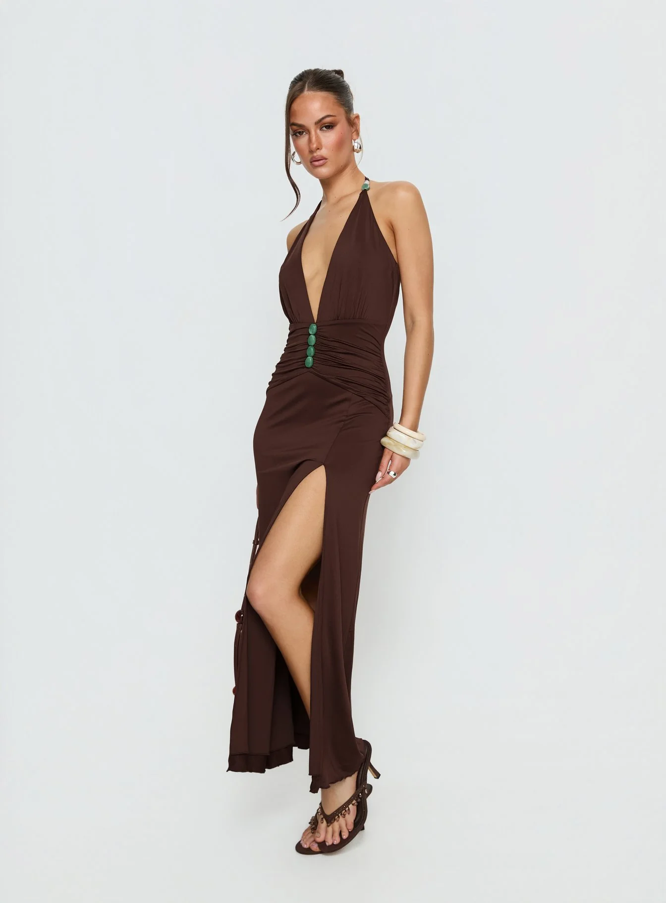 Sasami Halter Plunge Maxi Dress Chocolatae