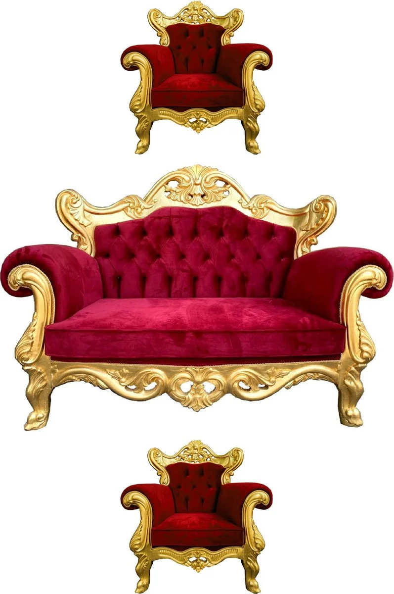 Luxury Baroque Living Room Set Bordeaux Red / Gold - 1 Baroque Sofa & 2 Baroque Armchairs - Living Room Furniture in Baroque Style - Noble & Magnificent