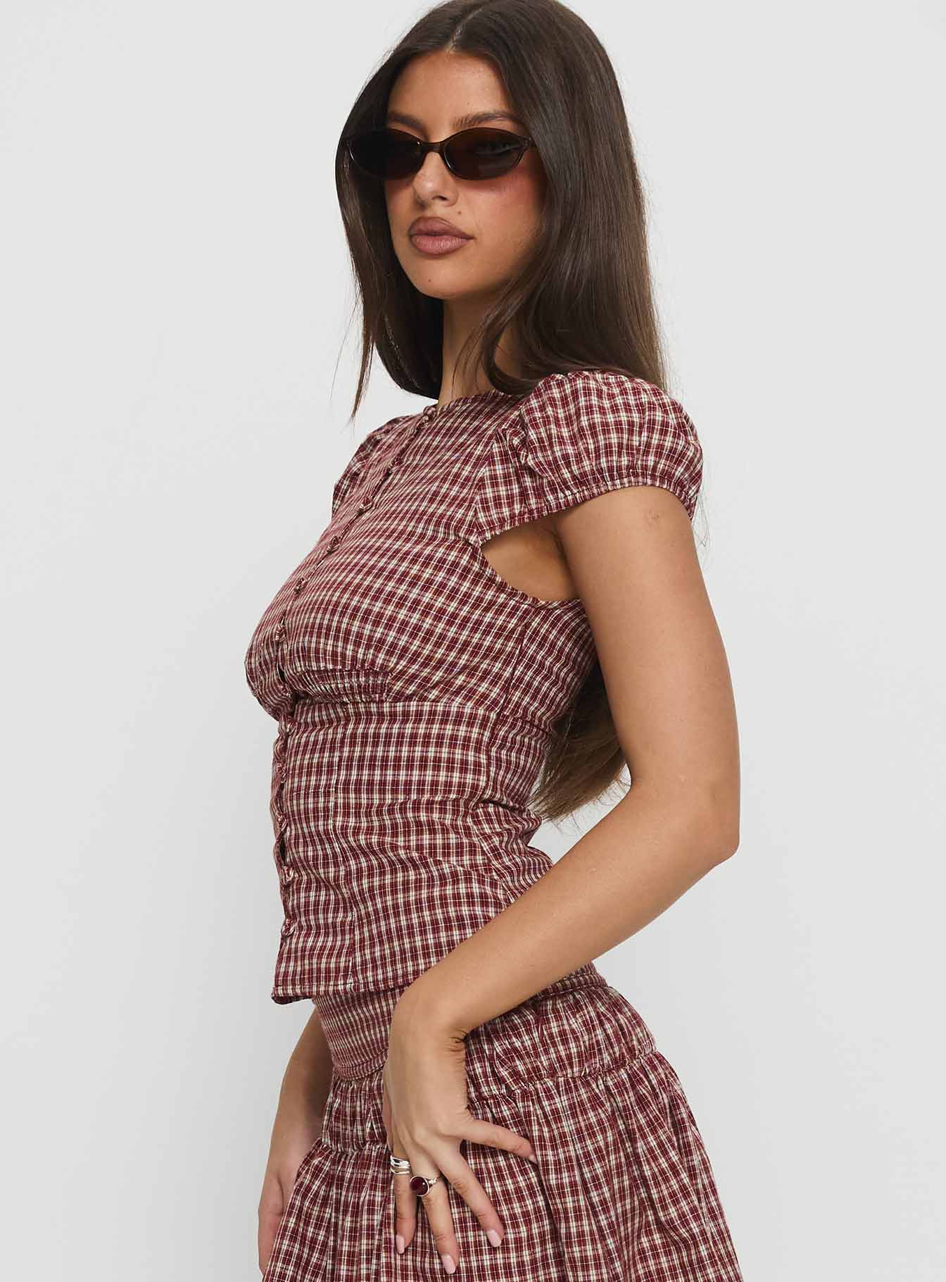Alixandra Puff Sleeve Blouse Top Red Check