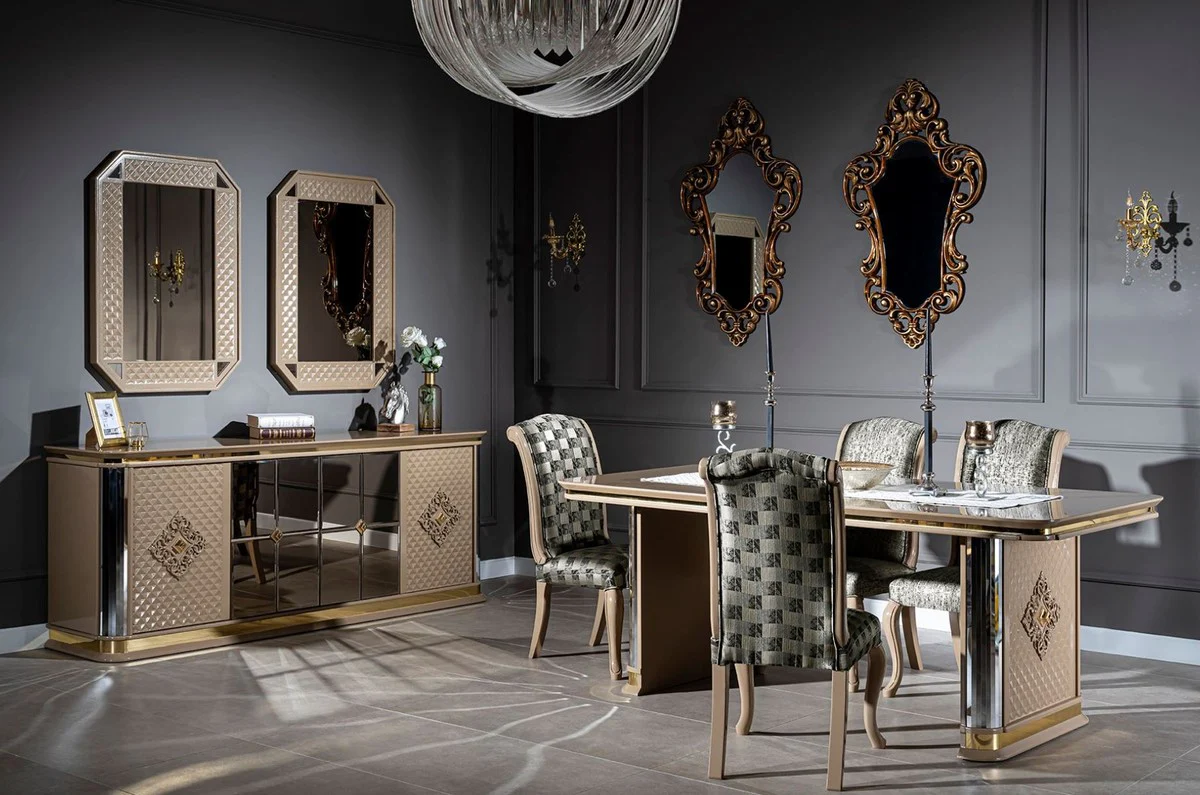Luxury Art Deco Dining Room Set Beige / Gold - 1 Dining Table & 6 Dining Chairs - Handcrafted Art Deco Dining Room Furniture