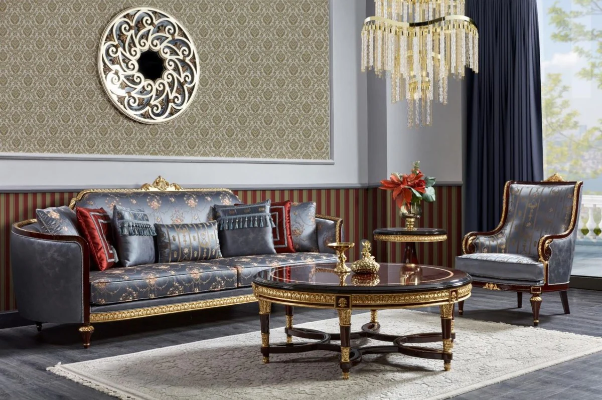 Luxury Baroque Living Room Set Beige / Blue / Dark Brown / Gold - 2 Sofas & 2 Armchairs & 1 Coffee Table & 2 Side Tables - Handmade Living Room Furniture in Baroque Style - Noble & Magnificent