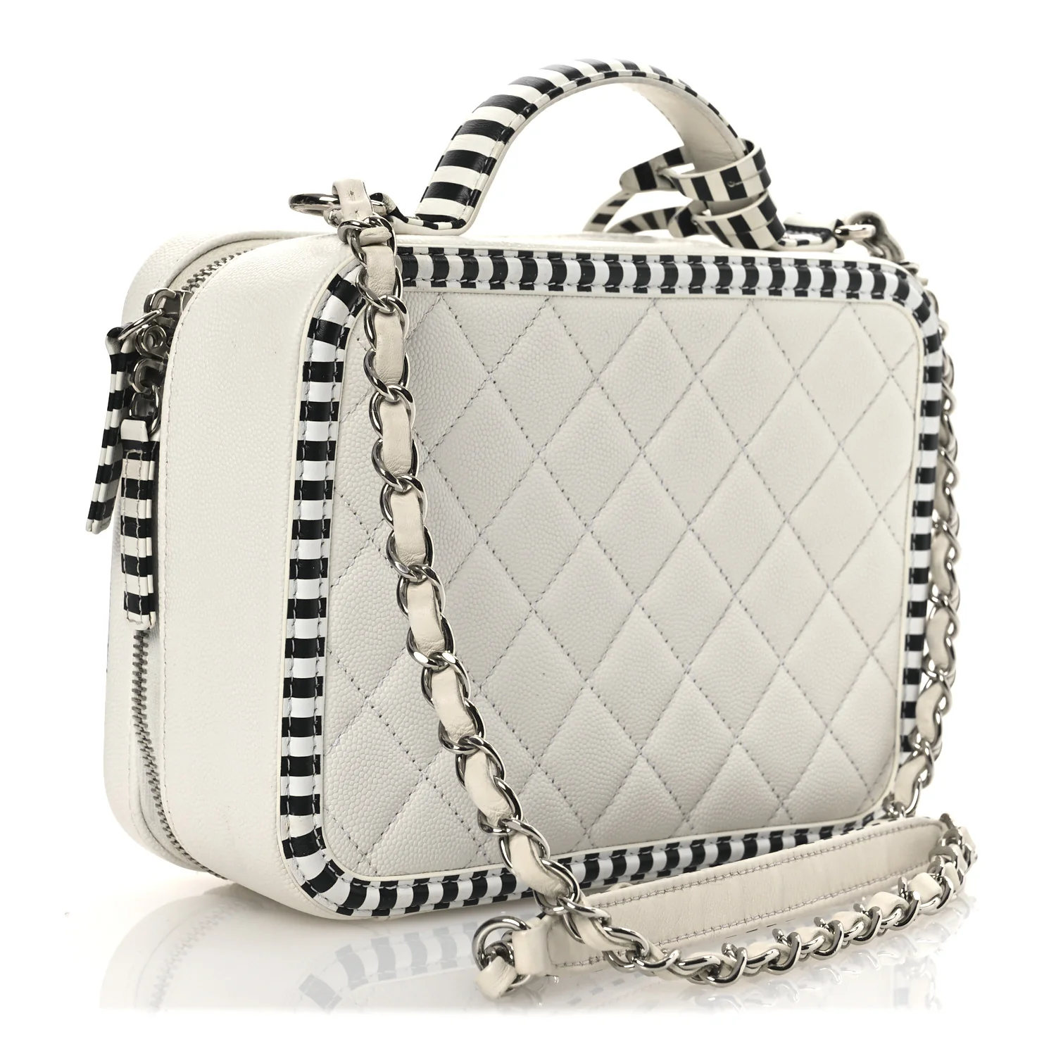 Caviar Quilted Striped Medium CC Filigree Vanity Case White Black - Top Club