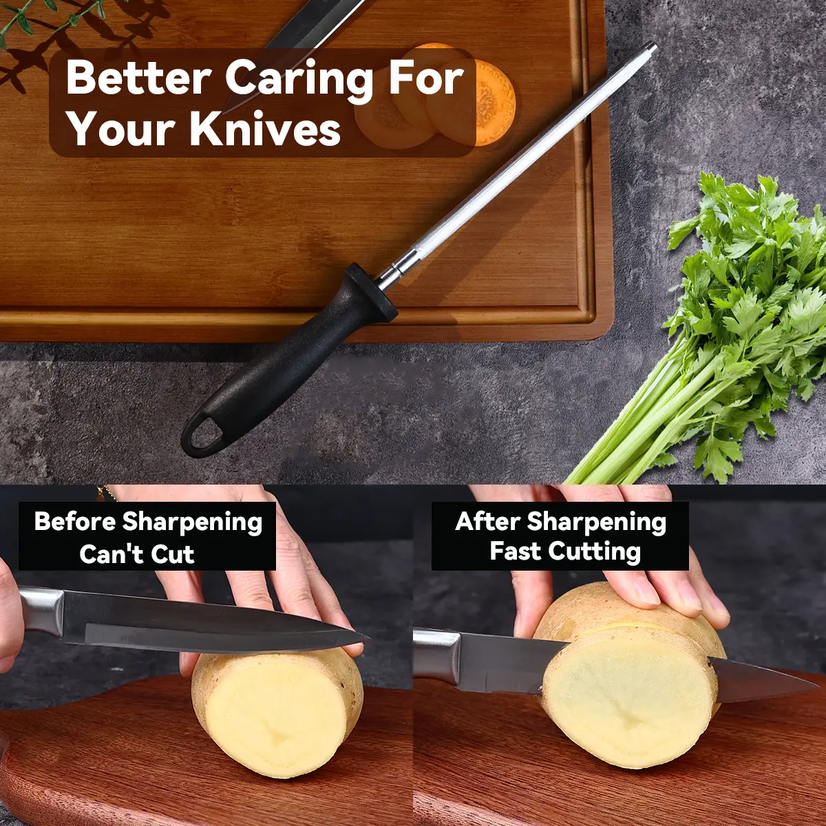 Knife Sharpener Rod Kitchen Knives Sharpener Professional Knife Sharpening Steel Honing Rod with Hanging Holes (13 inches) Black