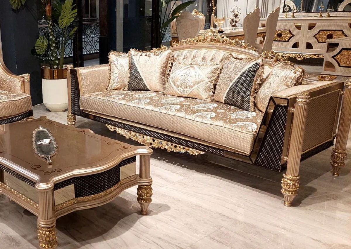 Baroque side table with marble top gold / black Ø 40 x H. 69 cm - Round hand-carved antique style telephone table flower table