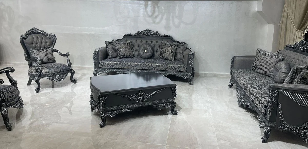 Luxury Baroque Living Room Set Gray / Silver - 2 Baroque Sofas & 2 Baroque Armchairs & 1 Baroque Coffee Table - Luxury Living Room Furniture in Baroque Style - Baroque Furniture - Noble & Ornate