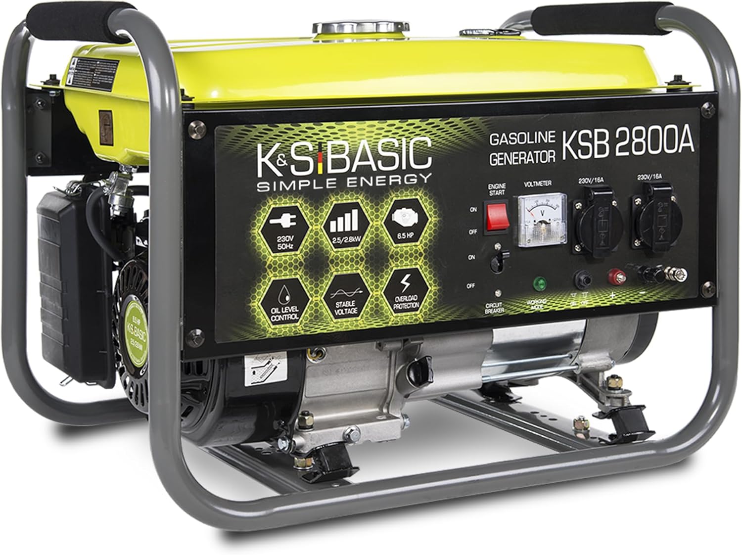KSB 2800A, generatore di corrente in alluminio, a benzina, 6,5 CV, motore a benzina a 4 tempi, con regolatore di tensione automatico 230 V (AVR), 2800 Watt, 16 A, per la casa e il tempo libero