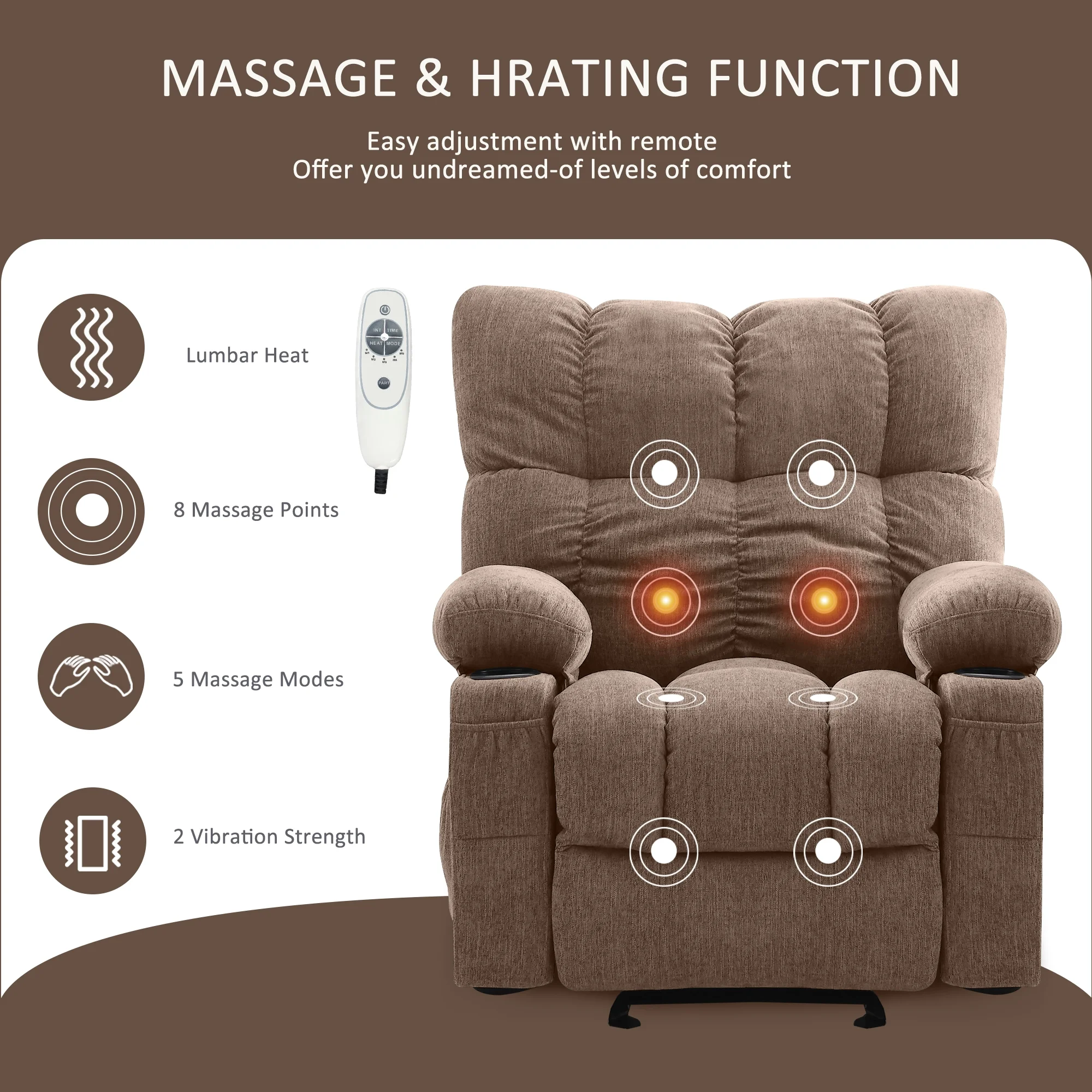 JONPONY Manual Recliner Chair with Heat Therapy and Massage Function, Heavy Duty Reclining Mechanism Massage Chair, Elderly Single Rocker Sofa with Cup Holders for Bedroom Home Theater, Grey