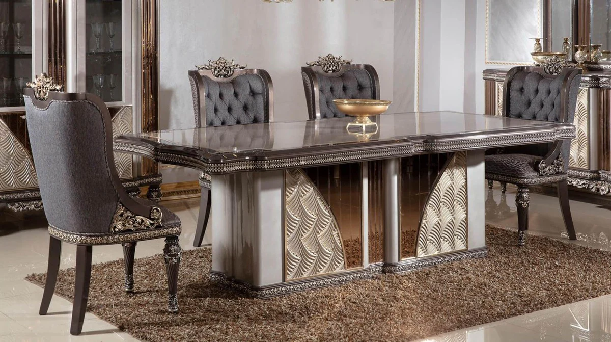 Luxury Baroque Dining Room Chair Set of 6 Blue / Gray / Dark Brown / Gold - Baroque Style Kitchen Chairs with Pattern - Luxury Dining Room Furniture in Baroque Style - Baroque Dining Room Furniture