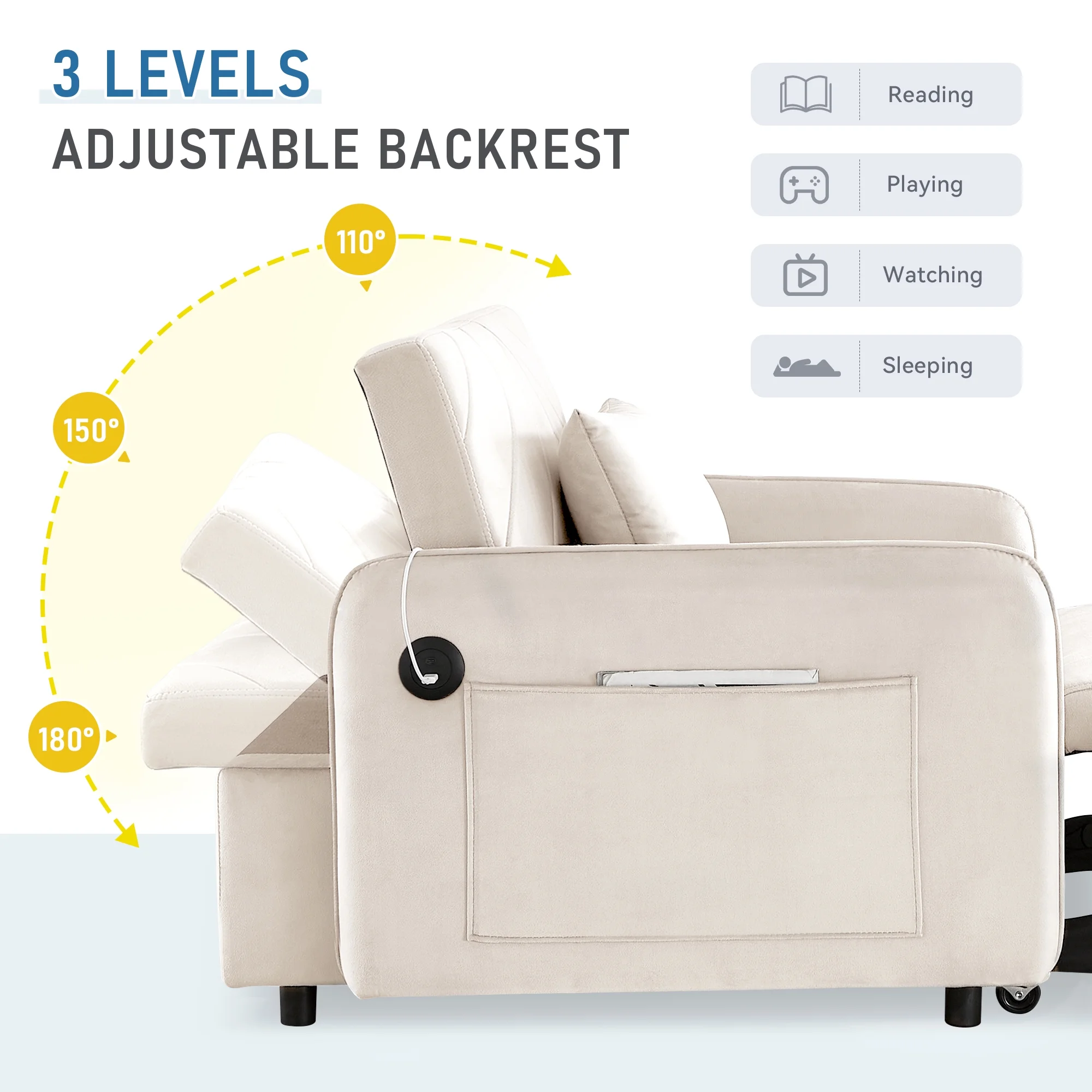 Lunale 3 - in - 1 Convertible Sleeper Chair Bed, Indoor Lounge Chair with USB/Type - C Charging Ports, Modern Recliner Sofa for Living Room, Gray Velvet