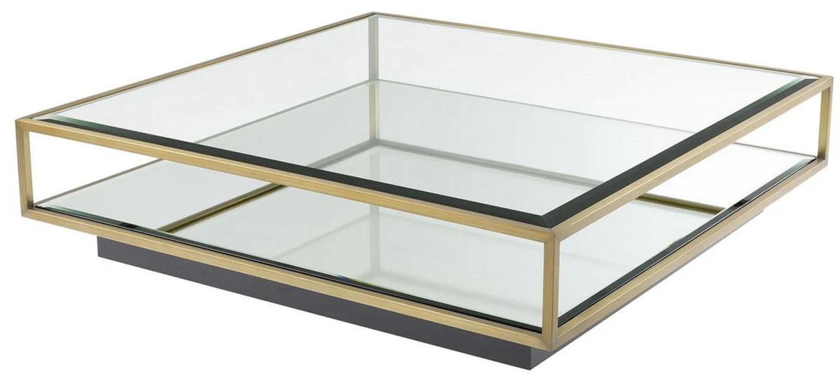 Luxury coffee table brass / black 120 x 120 x H. 30 cm - Square stainless steel living room table with mirror glass and glass top - Living room furniture - Luxury quality