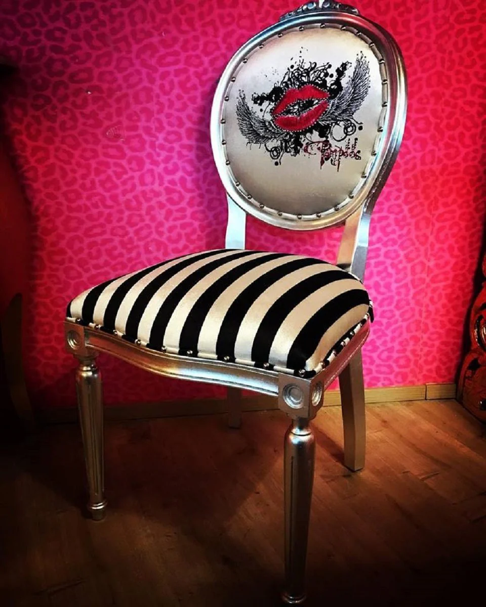 Pompöös by Luxury Baroque Dining Room Chairs Pink Lips Black / White Stripes / Silver - Pompöös Baroque Chairs designed by Harald Glööckler - 4 dining room chairs