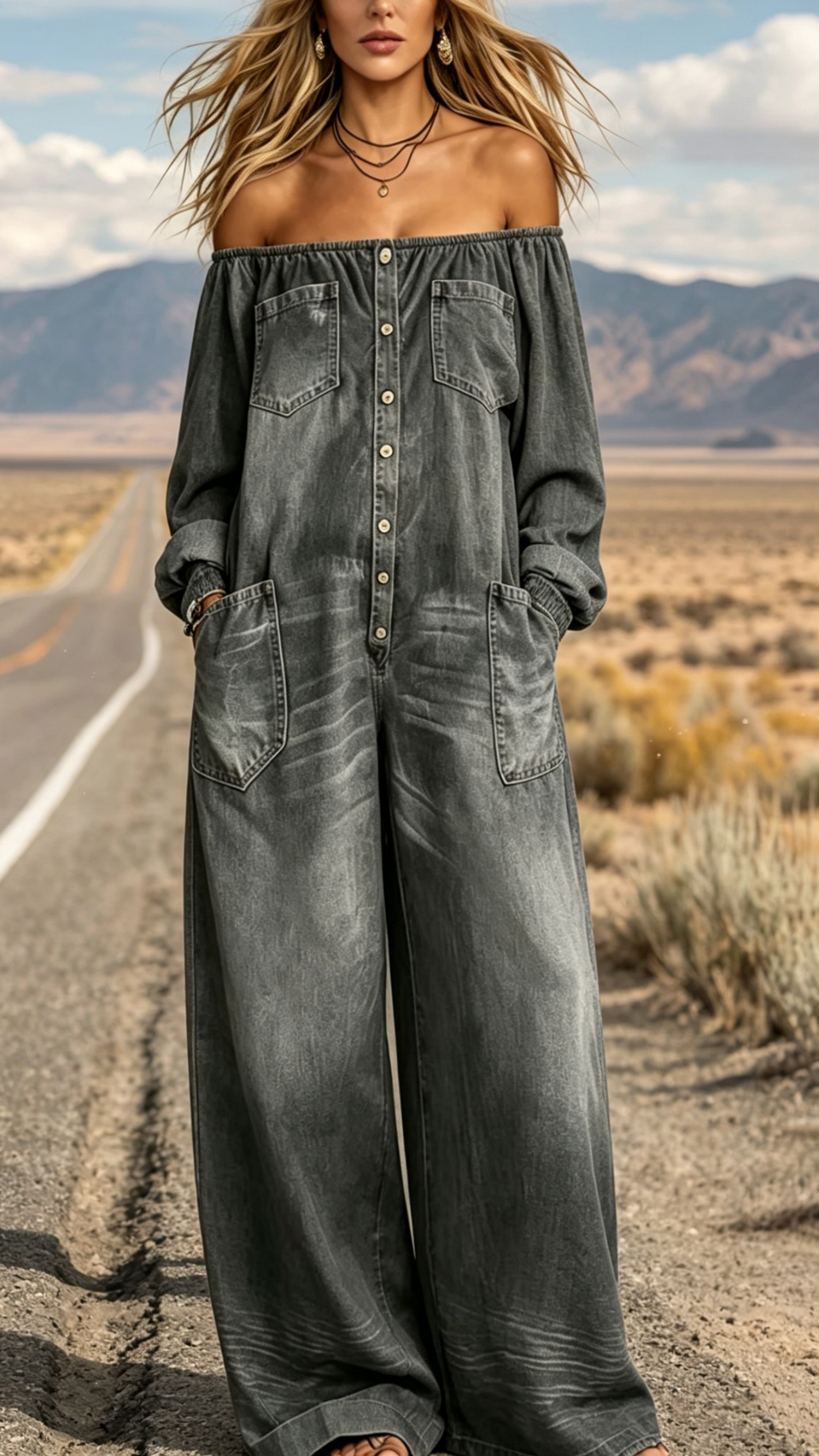 Women's Single-Breasted, Off-Shoulder, Washed Faux-Denim Jumpsuit - Nordfashionstorm - Women's Clothing, Fashion for You - Nordfashionstorm.com