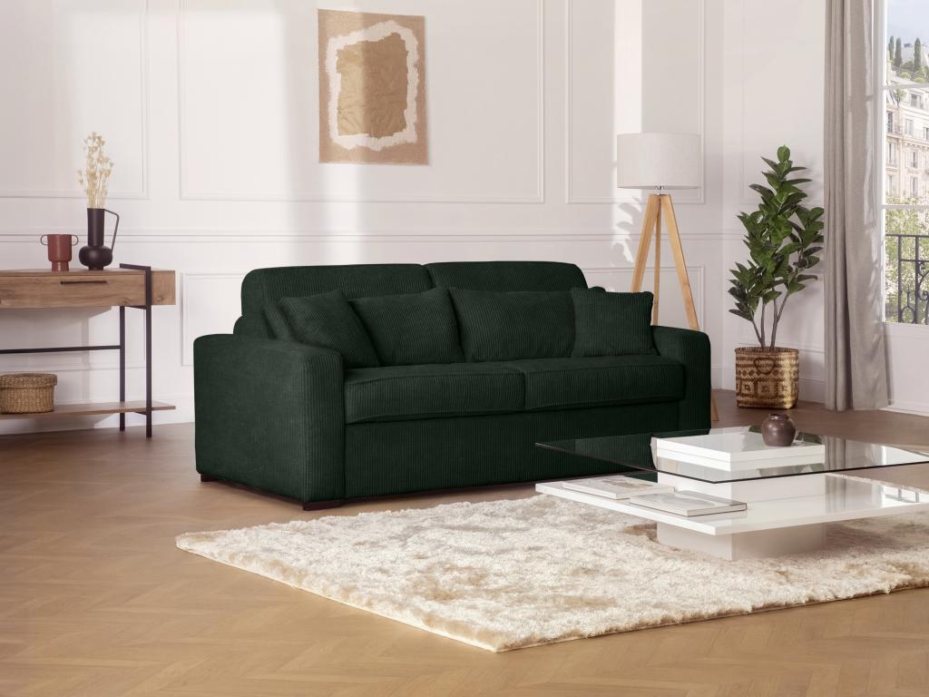 Sofá cama de 4 plazas de estilo italiano de pana verde - Cama de 160 cm - Colchón de 18 cm - MONDOVI