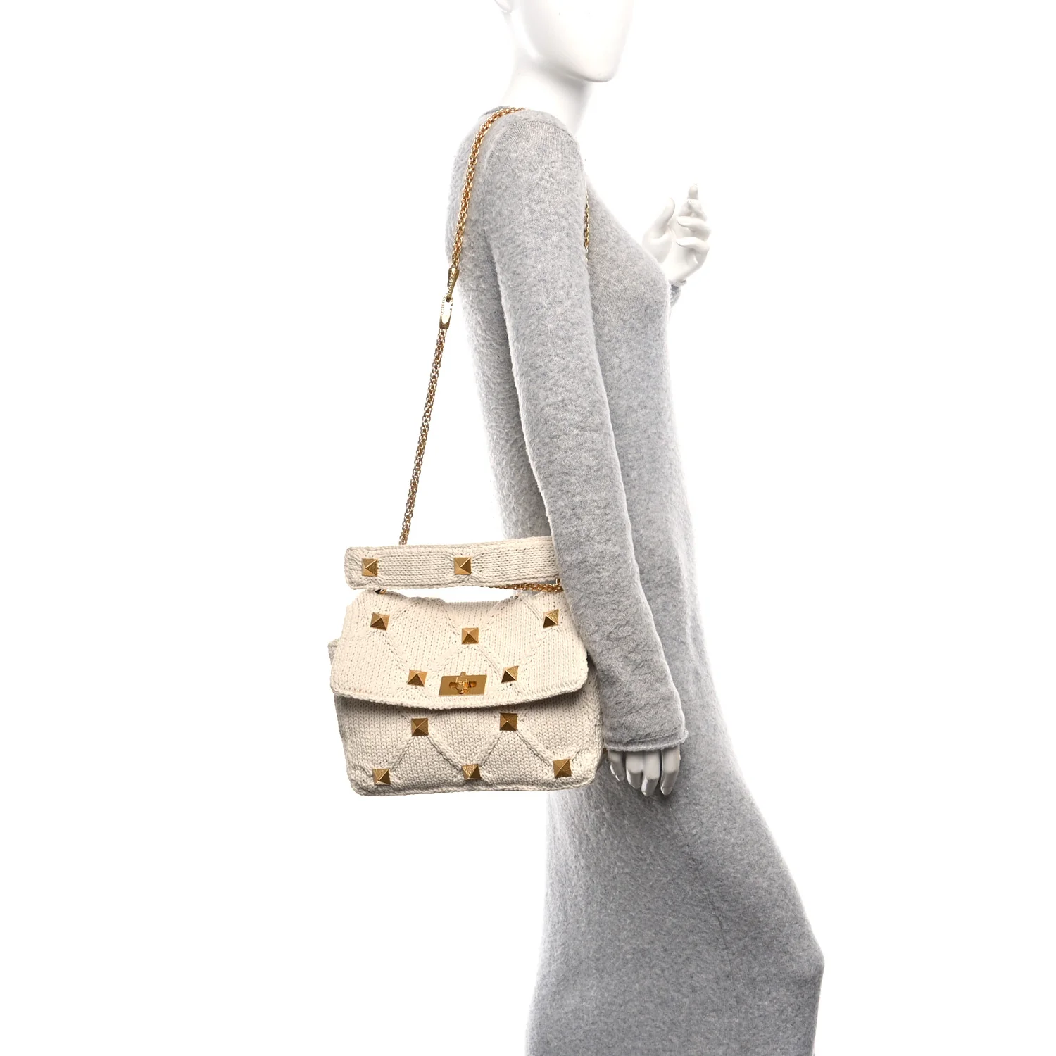 Knit Large Roman Stud Shoulder Bag Ecru