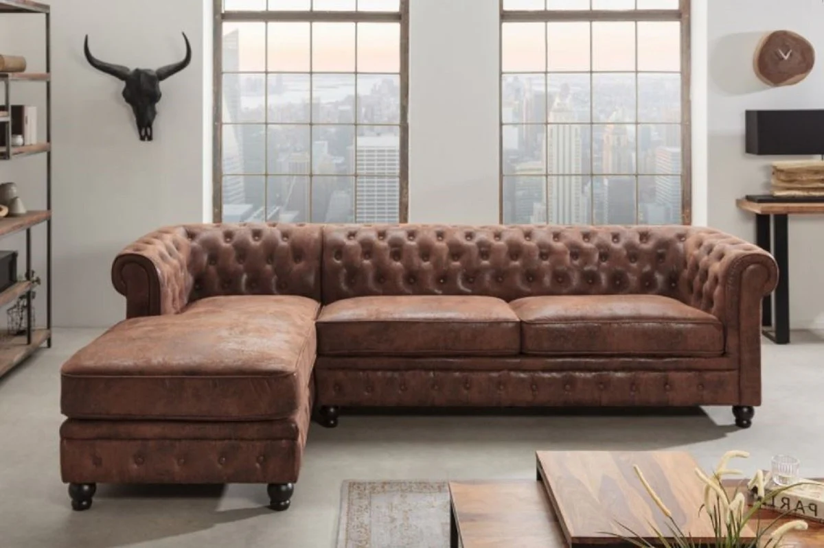 Chesterfield Corner Sofa Left Antique Brown - Microfiber Living Room Sofa - Chesterfield Living Room Furniture