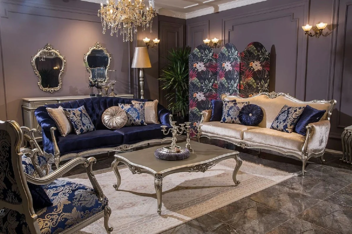 Luxury baroque living room set blue / pink / silver - 2 baroque sofas & 2 baroque armchairs & 1 baroque coffee table - living room furniture in baroque style - baroque furniture - baroque furnishings