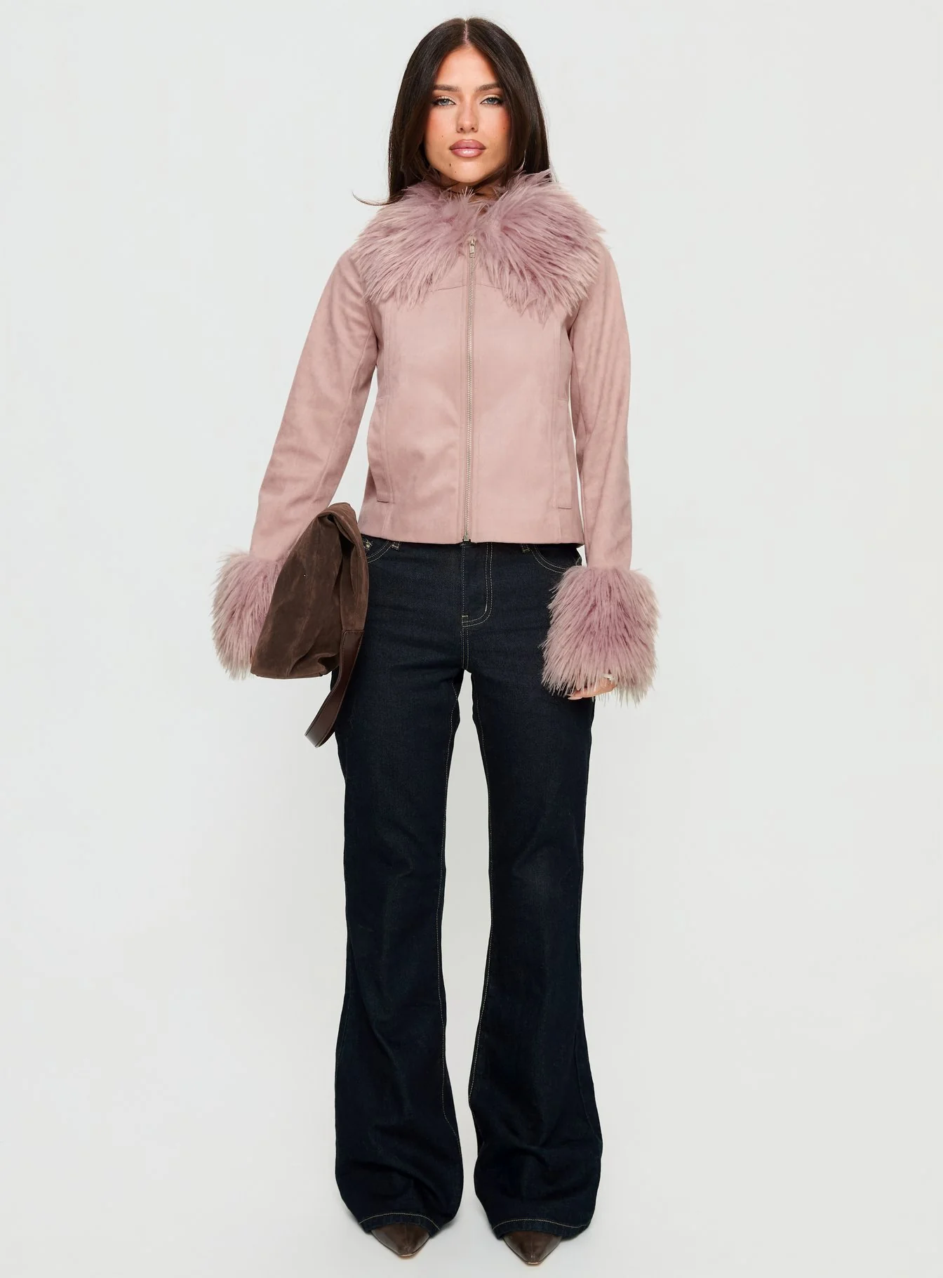 Jeanna Suede Faux Fur Detail Jacket Pink