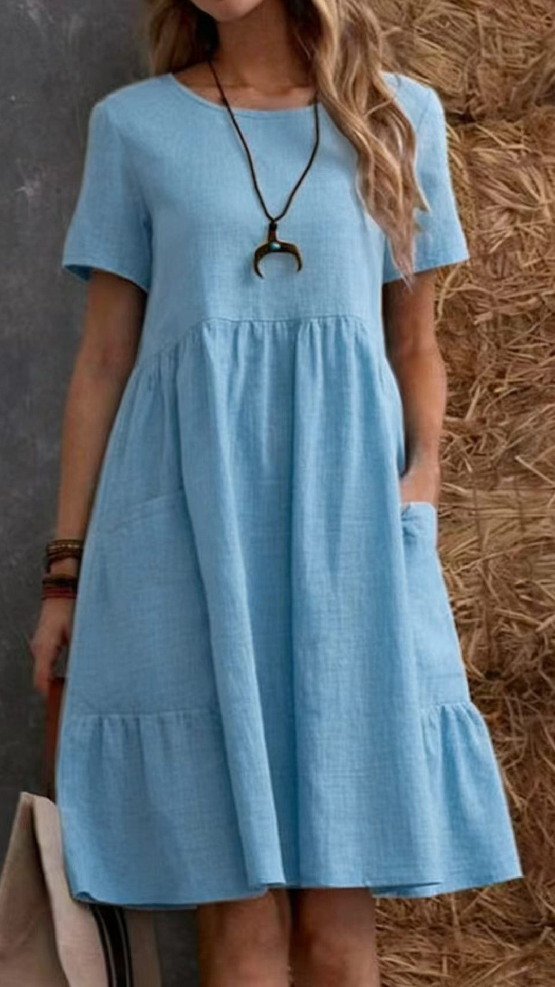 Women's Cotton-Linen Round Neck Ruffle Hem Dress - Nordfashionstorm - Women's Clothing, Fashion for You - Nordfashionstorm.com