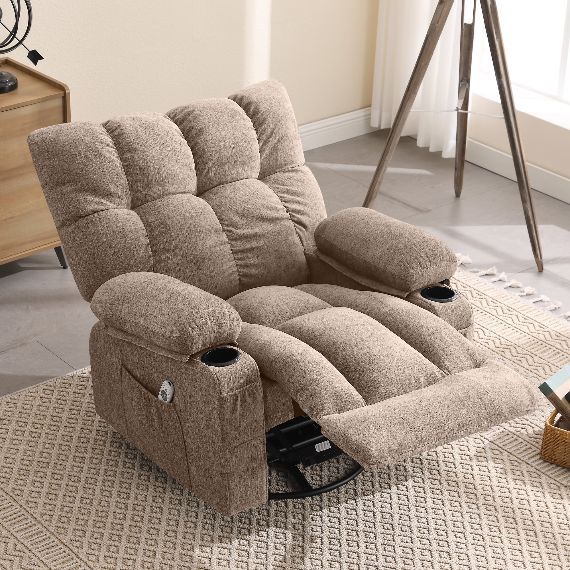 JONPONY Manual Recliner Chair with Heat Therapy and Massage Function, Heavy Duty Reclining Mechanism Massage Chair, Elderly Single Rocker Sofa with Cup Holders for Bedroom Home Theater, Grey