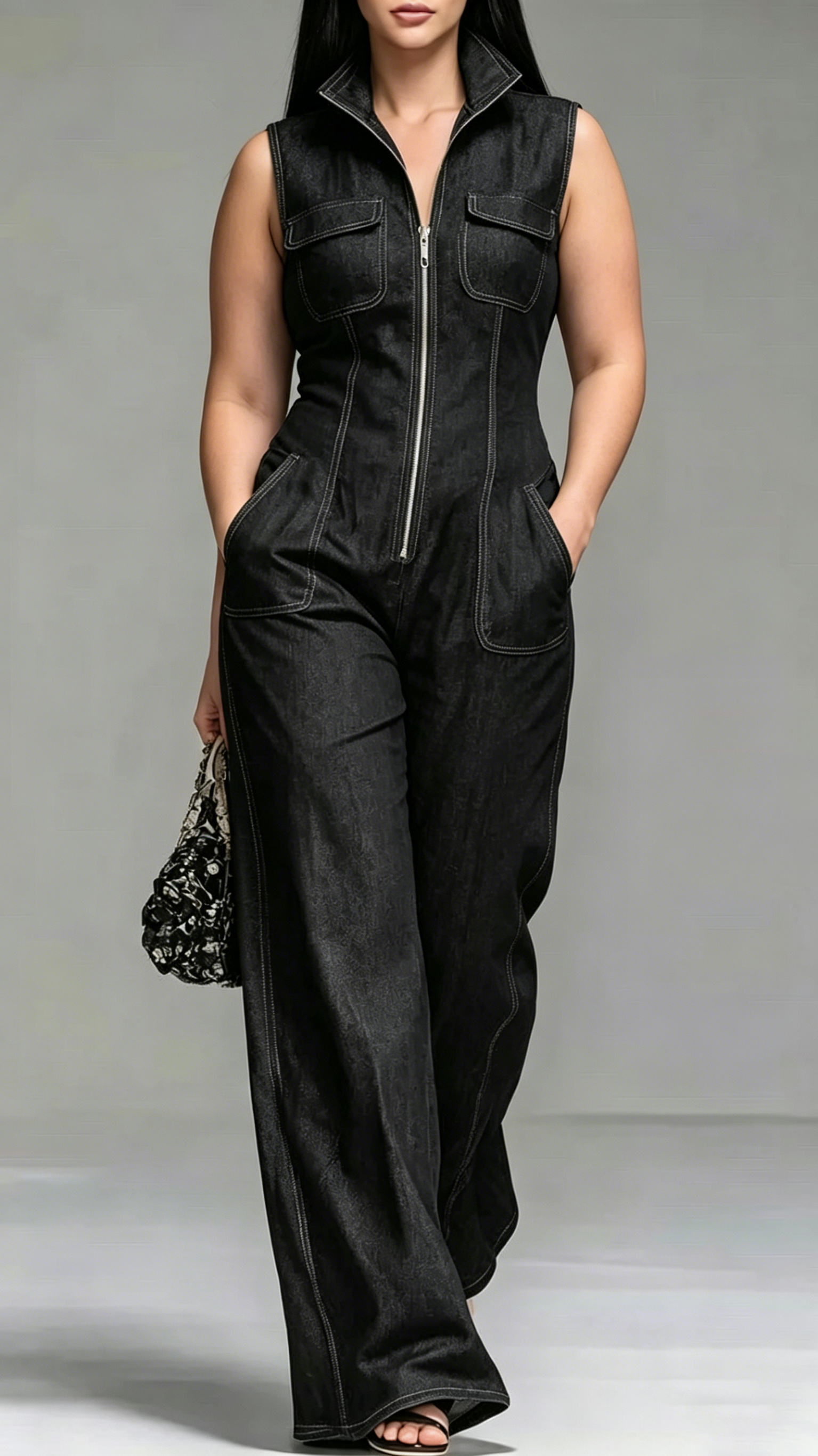 Women's Faux-Denim Retro Stand-Collar Sleeveless Zip-Front Jumpsuit - Nordfashionstorm - Women's Clothing, Fashion for You - Nordfashionstorm.com