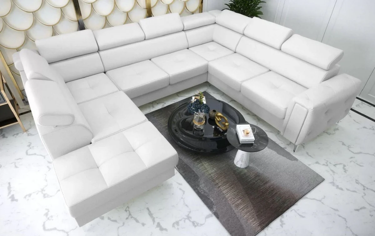 Luxury leather living area white / silver 350 x 255 x H. 78-99 cm - natural leather U-shape sofa with adjustable headrests - living room furniture - leather furniture - luxury furniture