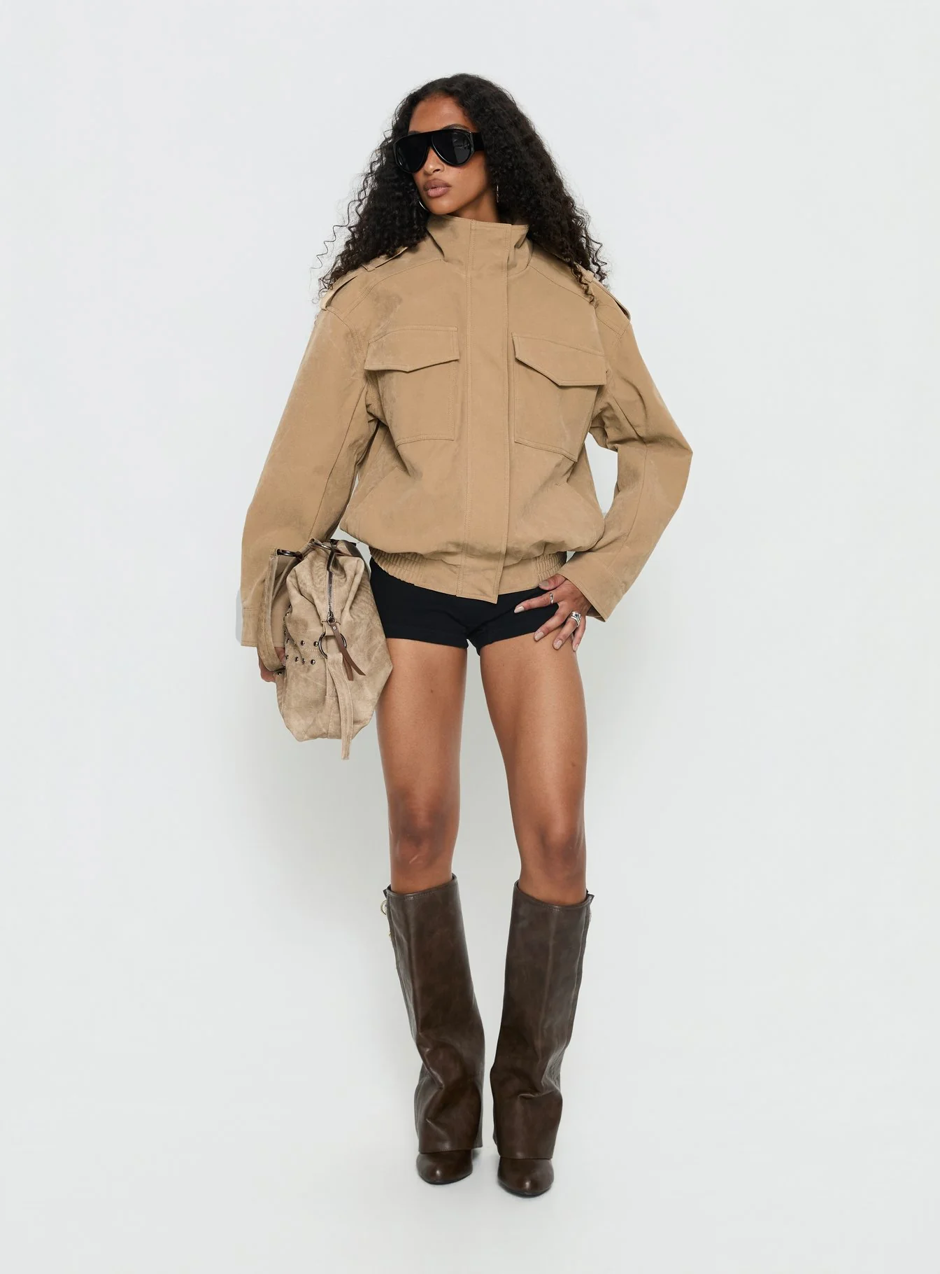 Double Life Funnel Neck Cargo Jacket Beige