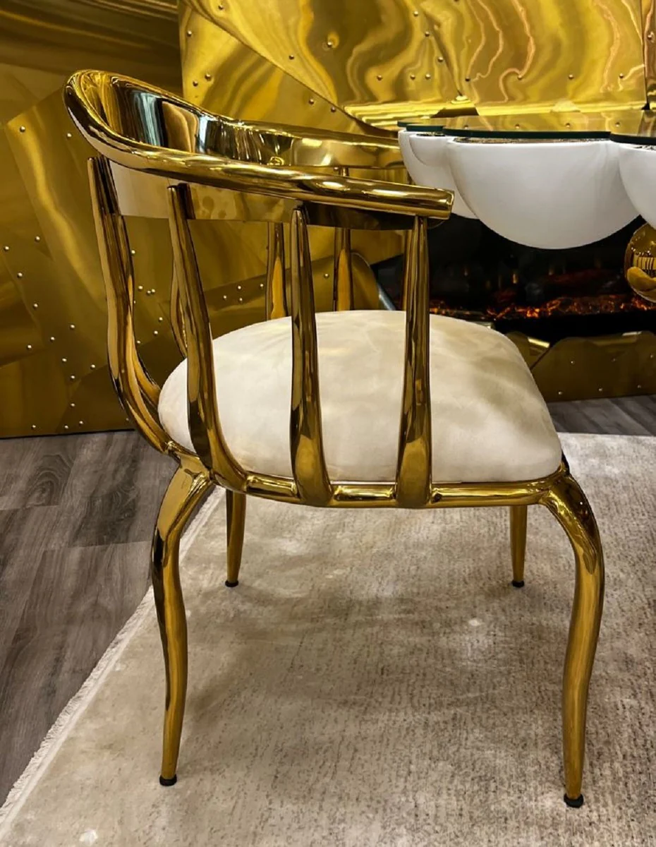 Luxury designer dining room chair with armrests cream / gold 57 x 57 x H. 82 cm - Dining room furniture - Luxury furniture - Hotel & restaurant furniture - Designer furniture