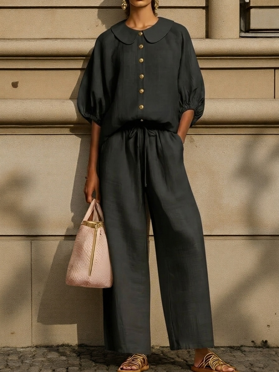 Plus Size Friendly New Arrivals🔥Stylish Peter Pan Collar Shirt And Wide-leg Pant Linen Two-piece Set - Nordfashionstorm - Women's Clothing, Fashion for You - Nordfashionstorm.com
