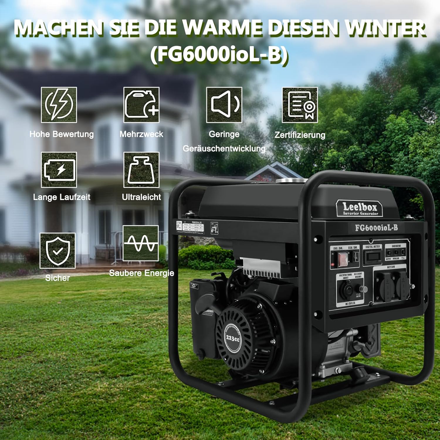 Leelbox Generatore di Corrente Inverter, 22500WH/5500W Benzina 4 tempi con 2 prese 230V Silenzioso, Generatore di Emergenza Portatile Domestica per Garage per Giardino, Esterno, Campeggio, Roulotte