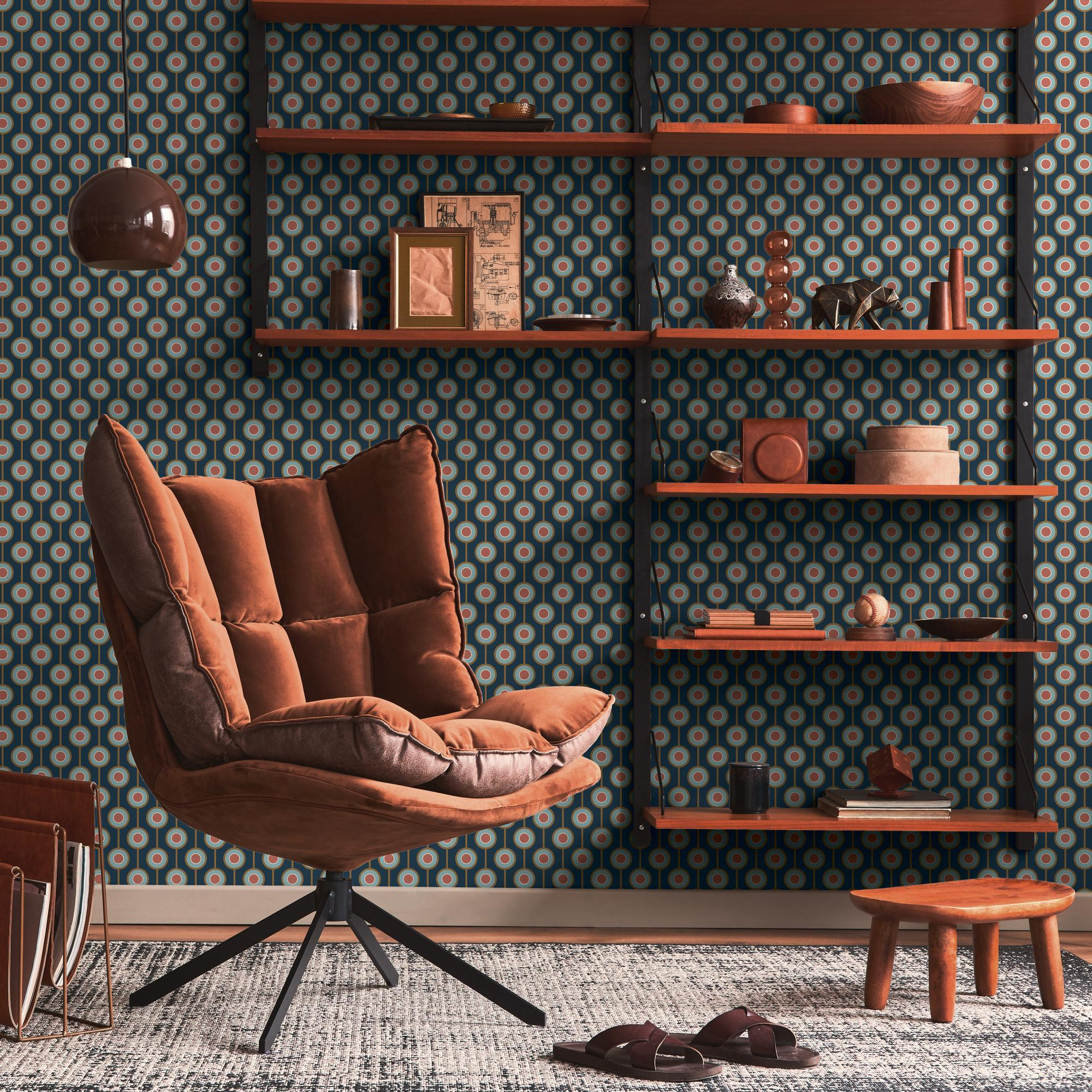 Retro behang met een lichte structuur en cirkelpatroon - blauw, geel, roze #1