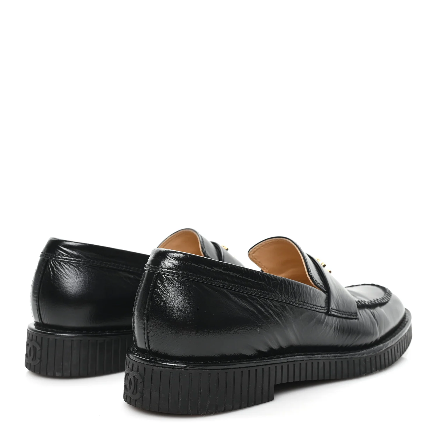 Shiny Crumpled Calfskin CC Mocassin Loafers 38.5 Black - Top Club