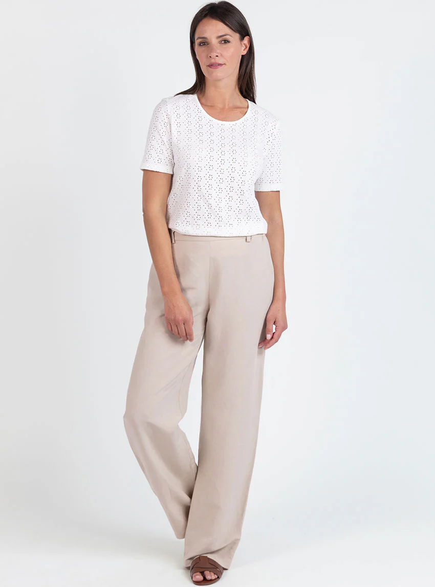 Tee-shirt femme en maille ajourée coton blanc crème