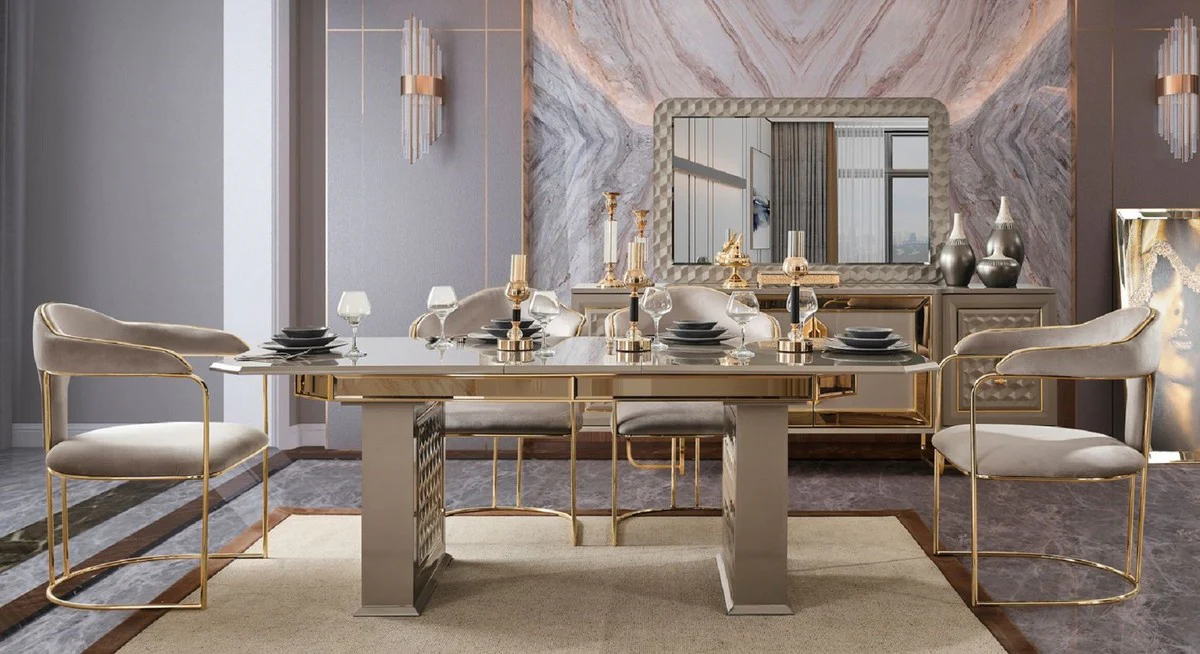 Luxury Art Deco Dining Room Chair Set of 6 Gray / Gold 60 x 58 x H. 92 cm - Dining Room Furniture - Restaurant Furniture - Art Deco Furniture - Luxury Furniture - Luxury Quality