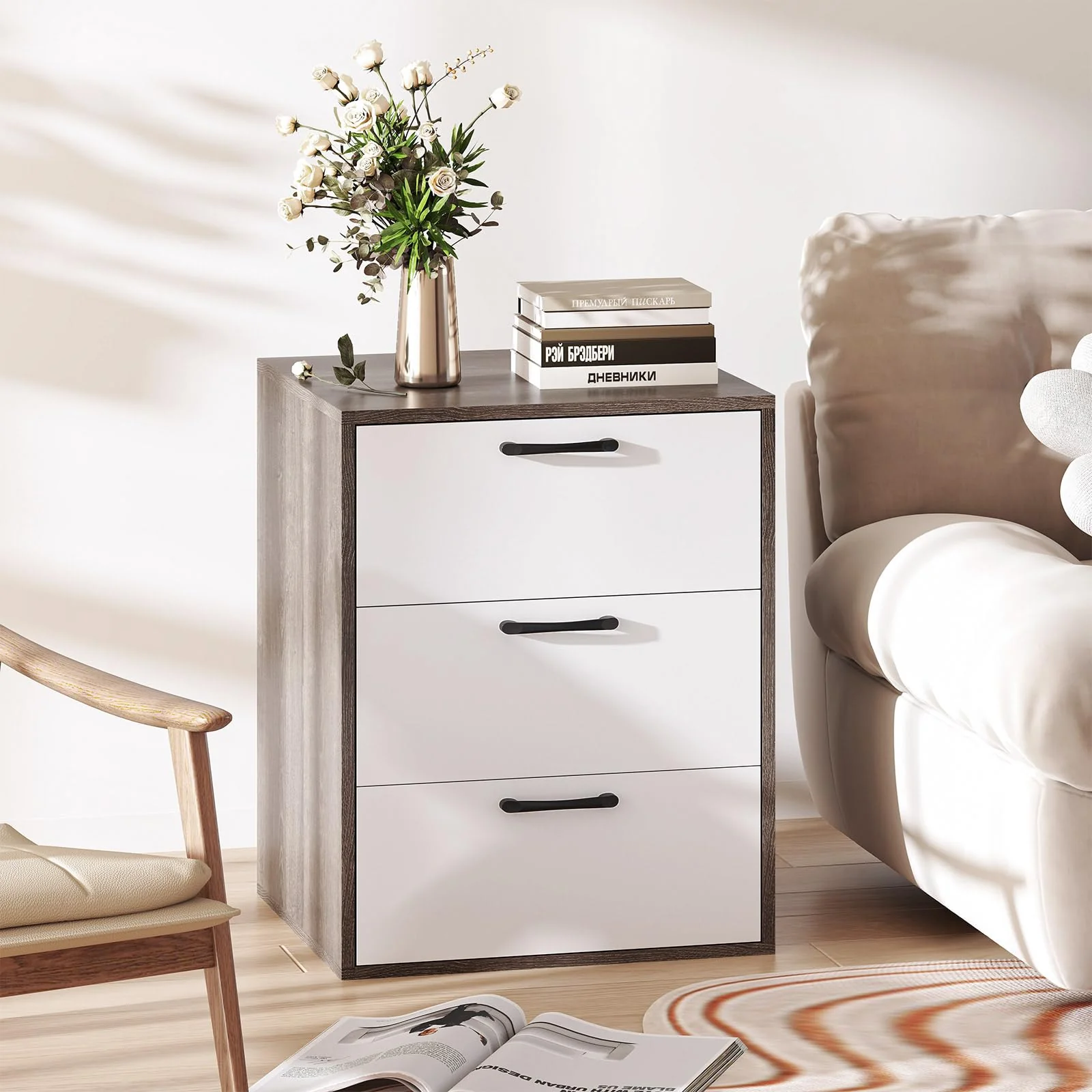 BEFOUNDLOVELY Nightstand with 3 Drawers(White & Grey)