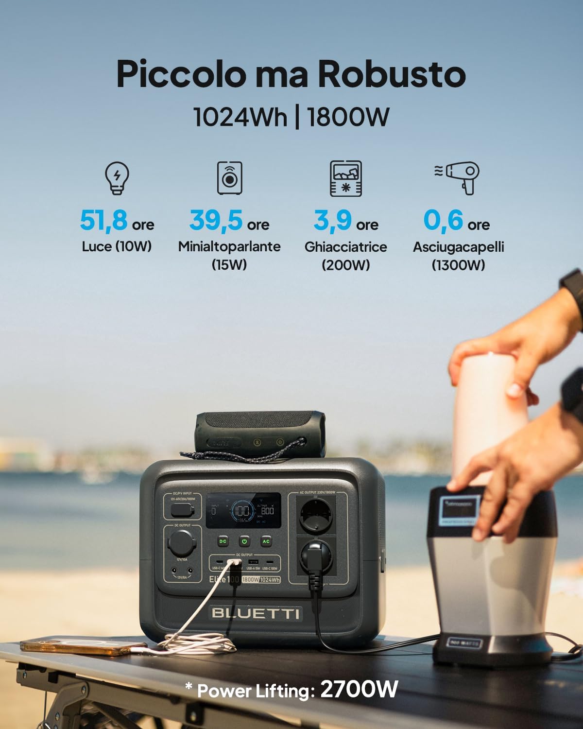 BLUETTI Elite 100 V2 (2025 Nuovo) Centrale Elettrica Portatile, LFP Batteria da 1024Wh, 2 Uscite CA 1800W (3600W Picco), 35% Più Piccolo, Alimentazione per campeggio, Interruzioni, Backup UPS